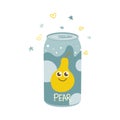 Non-alcoholic pear drink in an aluminum can. Cold carbonated juice, sweet water. Vector illustration in a flat style on a white
