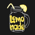 Non-alcoholic refreshing drink. Hand drawn glass of lemonade with piece of lemon