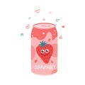 Non-alcoholic strawberry drink in an aluminum can. Cold carbonated juice, sweet water. Vector illustration in a flat style on a