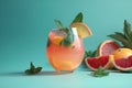 Non-alcoholic summer cocktail with orange and greens on a blue background. Summer refreshing drink concept. Generated AI