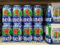 Non-alcoholic version of Heineken Aluminum can 0.0 beer on shelf in supermarket at Chiang Mai - THAILAND, April 20, 2021