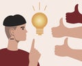 Non-binary person idea, people like, Flat vector stock illustration with Hand with thumbs up, Incandescent lamp and innovator