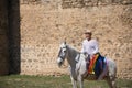 Non-binary person, young and South American, very makeup, mounted on a white horse, smiling and happy, with a gay pride flag on Royalty Free Stock Photo