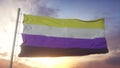 Non-binary pride flag waving in the wind, sky and sun background. 3d rendering