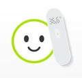 Non-contact digital thermometer on the white and green happy emoji background vector illustration. Covid-19 electronic