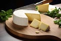 non-dairy cheese being cut on a wooden board