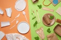 Non-degradable plastic waste from disposable tableware and a set of dishes from environmental recycled materials on a green