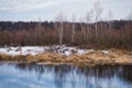 Non-freezing river on winter forest backgrounds Royalty Free Stock Photo