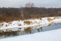 Non-freezing river on winter forest backgrounds Royalty Free Stock Photo