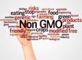 Non GMO word cloud and hand with marker concept Royalty Free Stock Photo