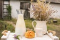 non-homogenized Homemade milk on a vintage tray against the backdrop Royalty Free Stock Photo