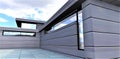 Non-standard oblong window of a futuristic house finished with innovative aesthetic reliable material. Paving stones made of