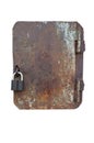 Non-standard small rusty old door with a new padlock