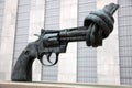 Non-Violence Sculpture The Knotted Gun at United Nations Headquarters in New York City. USA