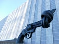 Non-Violence sculpture at United Nations Headquarters in New York. .357 Magnum revolver bronze sculpture by Swedish artist Carl Fr