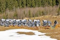 non-working snow generator on a slope without snow gear at a resort on a sunny day. Active recreation Royalty Free Stock Photo