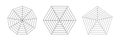 Nonagon, hexagon, pentagon graphs. Radar spider template. Spider mesh. Blank radar charts set. Royalty Free Stock Photo