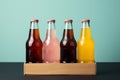 Nonalcoholic soda bottles in assorted styles, paired with a white paper box, set against a Toscha background,