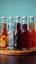 Nonalcoholic soda bottles in assorted styles, paired with a white paper box, set against a Toscha background,