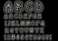 Nonconformist bizarre alphabet in white line. Original font set with doodle elements, uppercase characters and numbers, question m Royalty Free Stock Photo