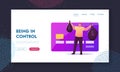 Noncontact Payment Landing Page Template. Man Buyer Character Hold Money Sacks Stand at Huge Credit Card