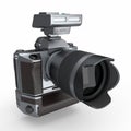 Nonexistent DSLR camera with lens and external flash speedlight on white. Royalty Free Stock Photo