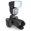 Nonexistent DSLR camera with lens and external flash speedlight on white. Royalty Free Stock Photo