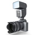 Nonexistent DSLR camera with lens and external flash speedlight on white. Royalty Free Stock Photo