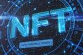 Nonfungible tokens concept with digital glowing NFT icon on abstract dark background