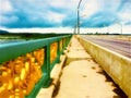 Nong Luang Bridge, Chiang Rai, Thailand-September 31th 2023-Photo of beautiful green pillar and gold decoration cross swamp. Photo