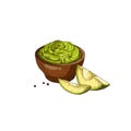 Hand drawn colorful bowl of guacamole with avocado.