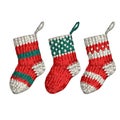 Hand drawn colorful knitted socks with different patterns. Christmas and New Year holiday elements. Royalty Free Stock Photo
