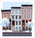 Nonlinear houses look out of the picture. Flat cartoon style vector winter city street. Tree houses flying snowflakes Royalty Free Stock Photo