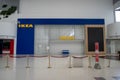 The entrance door is closed and the rope is blocked in front of the IKEA store during the.