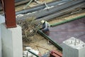 Thai people worker weld steel in construction site making reinforcement metal framework for concrete pouring in Bangkok, Thailand