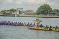 Nonthaburi, Thailand - September 09, 2023: Long boat race. Thai tradition. Nonthaburi Pier