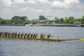 Nonthaburi, Thailand - September 09, 2023: Long boat race. Thai traditional. Nonthaburi Pier. sky view backgound