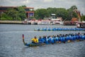 Nonthaburi, Thailand - September 09, 2023: Pictures of the atmosphere of the long boat race. Thai tradition. Nonthaburi Pier.