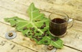 Nontoxic black coffee and coffee bean on elephant ear leaf