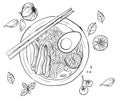 Noodle authentic culinary asian food hand drawn sketches white isolation background with flat style