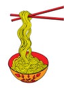 Noodle at bowl and stick doodle style illustration, hand drawing Royalty Free Stock Photo