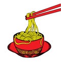 Noodle at bowl and stick, doodle style, illustration, hand drawing Royalty Free Stock Photo