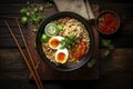 asian bowl noodle chopstick food japanese meal soup vegetable ramen. Generative AI.
