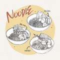 Noodle collection, Thai food. Hand draw sketch vector