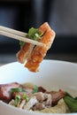 Noodle duck dumplings on table