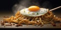 Noodle instant food, egg,white plate chopstick and wooden table blurred background Royalty Free Stock Photo