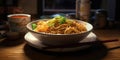 Noodle instant food, white plate chopstick and wooden table blurred background Royalty Free Stock Photo