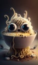 Noodle monster with enormous eyes. Grey plate with spaghetti creature appearing on top. Close up. Generative AI