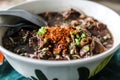 The noodle with pig blood soup mix with pork and vegetable Royalty Free Stock Photo