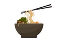 Noodle ramen in ceramic cup with pair chopsticks Royalty Free Stock Photo